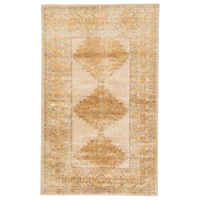 Featuring Gallant Enfield Hand-Knotted Rug by Jaipur Living at Amethyst Home. The updated traditional Gallant collection is an assortment of beautifully colored hand-knotted designs. The Enfield area rug showcases a vintage-inspired bordered medallion design in on-trend golden tones, stunningly distressed for texture and antique vibes. Hand knotted of high-qu.  Amethyst Home provides interior design, new home construction design consulting, vintage area rugs, and lighting in the Dallas metro area.