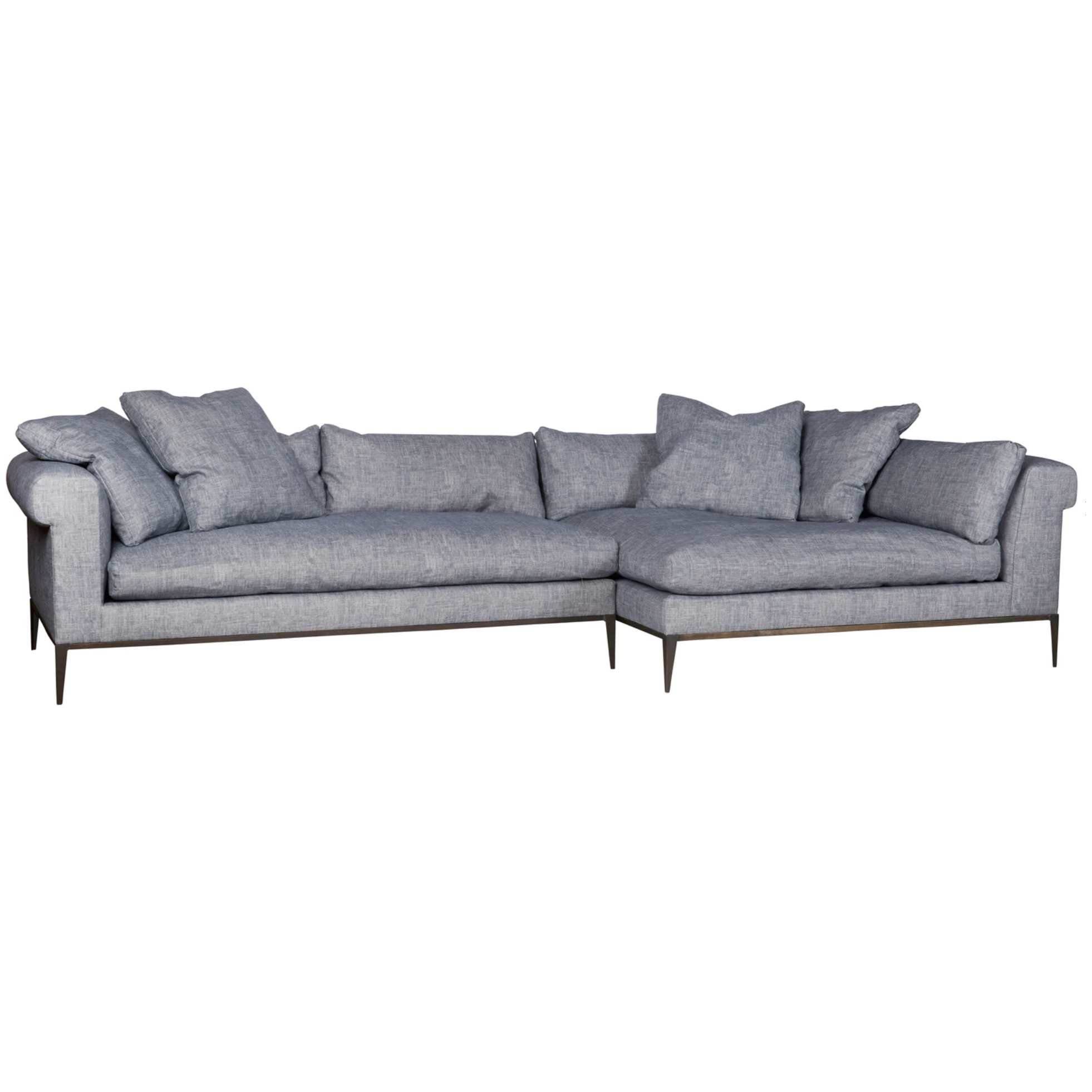 Featuring Henrietta Upholstered 2pc Sectional by Cisco Brothers at Amethyst Home. The Henrietta Upholstered 2 pc Sofa by Cisco Brothers is the perfect centerpiece to your living room style. This modern sectional has a distinctive style, with elegant roll arms and metal black-rust legs. Update your space with this mid-century influenced piece. Photographed in . Amethyst Home provides interior design, new home construction design consulting, vintage area rugs, and lighting in the Boston metro area.