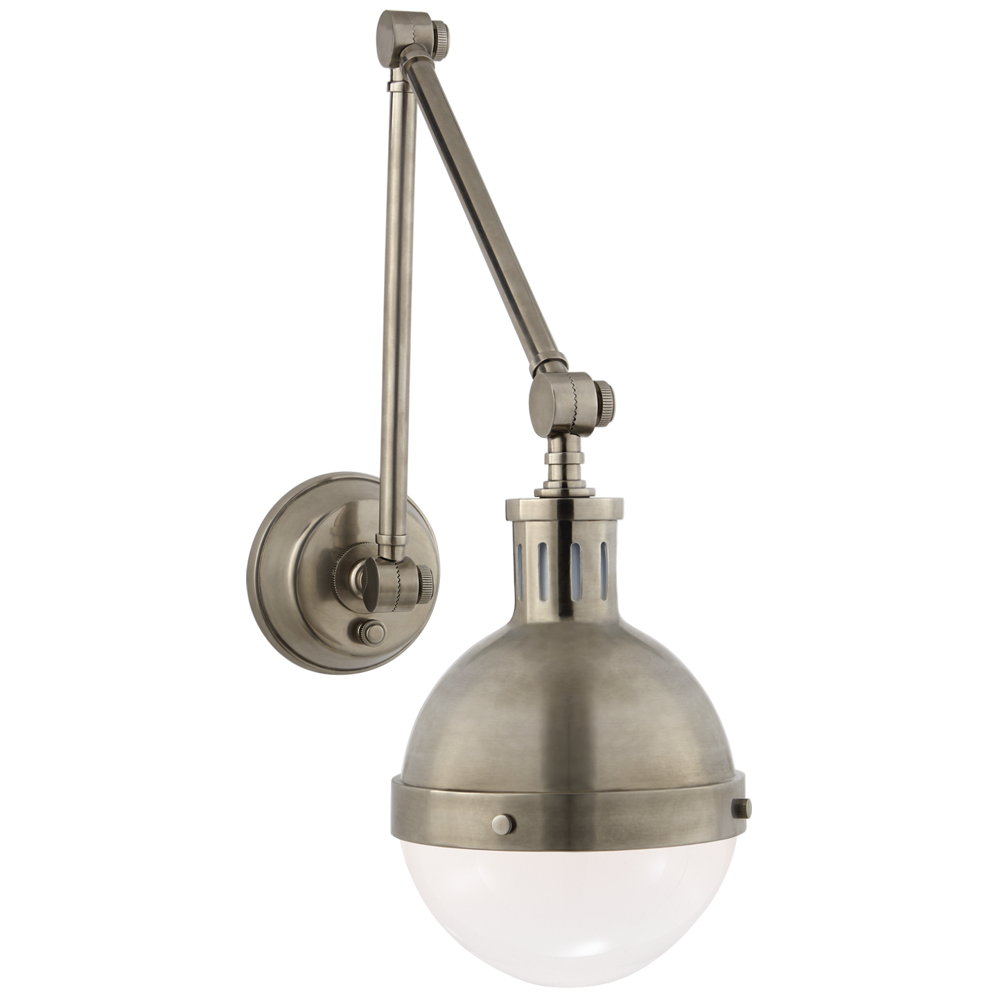 Featuring Hicks Library Light by Visual Comfort at Amethyst Home. We love how the Hicks Library Light by Visual Comfort has two points of movement with a dimmer on the backplate. A classy, gorgeous lighting to add to your study, hallway, or other area needing extra light,
Overall Dimensions: 7.5" L x 7.5" W x 17.75" HWeight: 9 lbs.  Amethyst Home provides interior design, new home construction design consulting, vintage area rugs, and lighting in the San Diego metro area.