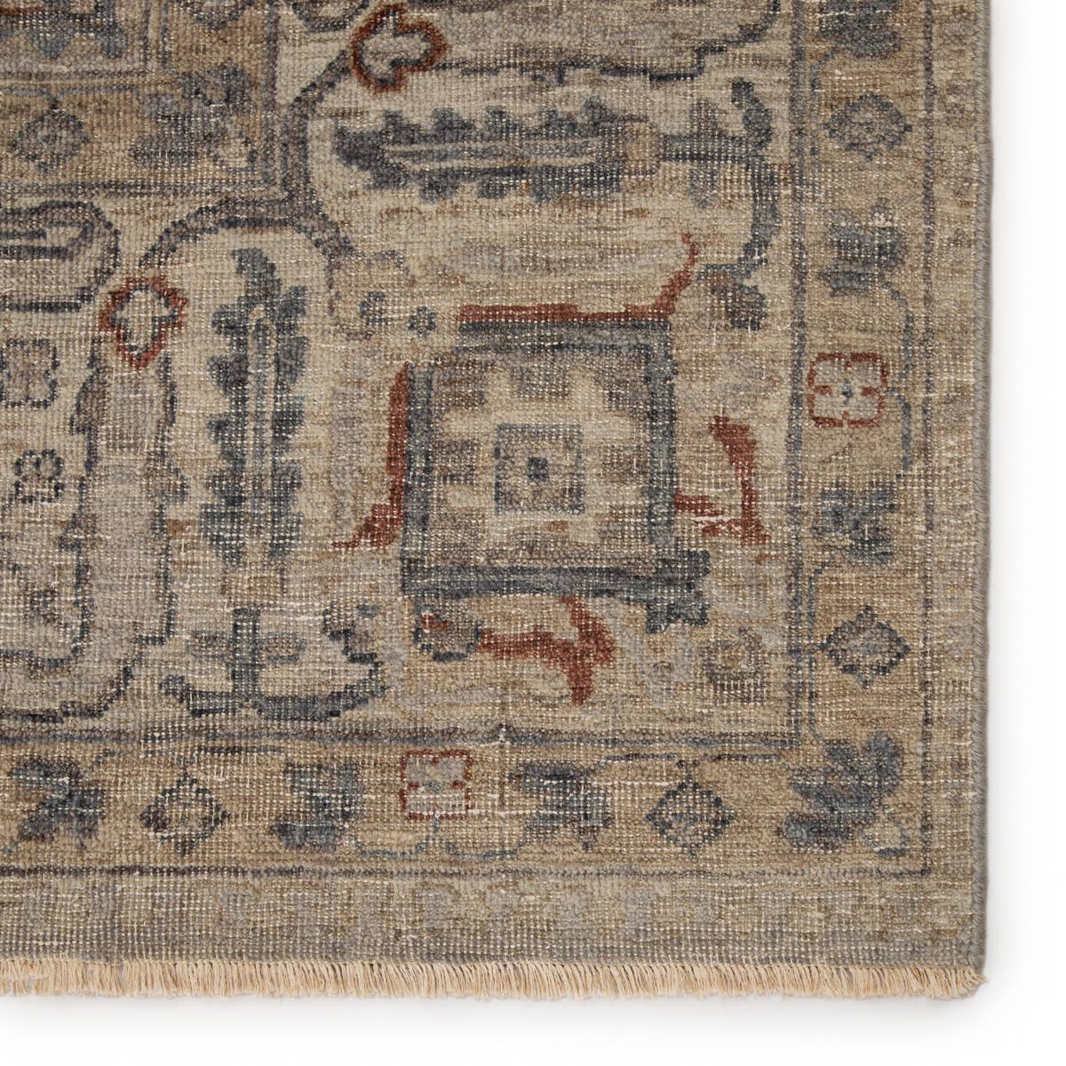 Featuring Tierzah Maison Hand-Knotted Rug by Jaipur Living at Amethyst Home. The vintage-inspired Tierzah Maison Area Rug features an antiqued wash and intricate traditional designs. The Maison wool rug boasts a Persian knot construction and neutral beige, taupe, and gray palette with rich hints of terracotta. This artisan-made rug features fringe trimmed de.  Amethyst Home provides interior design, new home construction design consulting, vintage area rugs, and lighting in the Seattle metro area.