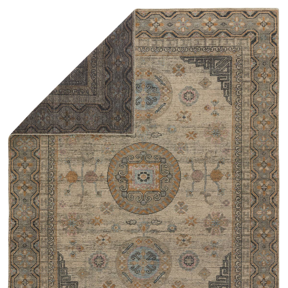 Featuring Rhapsody Delpha Hand-Knotted Rug by Jaipur Living at Amethyst Home. The Rhapsody Delpha Area Rug features heirloom-quality designs of stunningly abrashed Old World patterns. The Delpha area rug boasts a beautifully washed medallion motif with a tile-like, decorative border detail. The light ivory tone is accented with rich green-blue, ochre,.  Amethyst Home provides interior design, new home construction design consulting, vintage area rugs, and lighting in the Salt Lake City metro area.