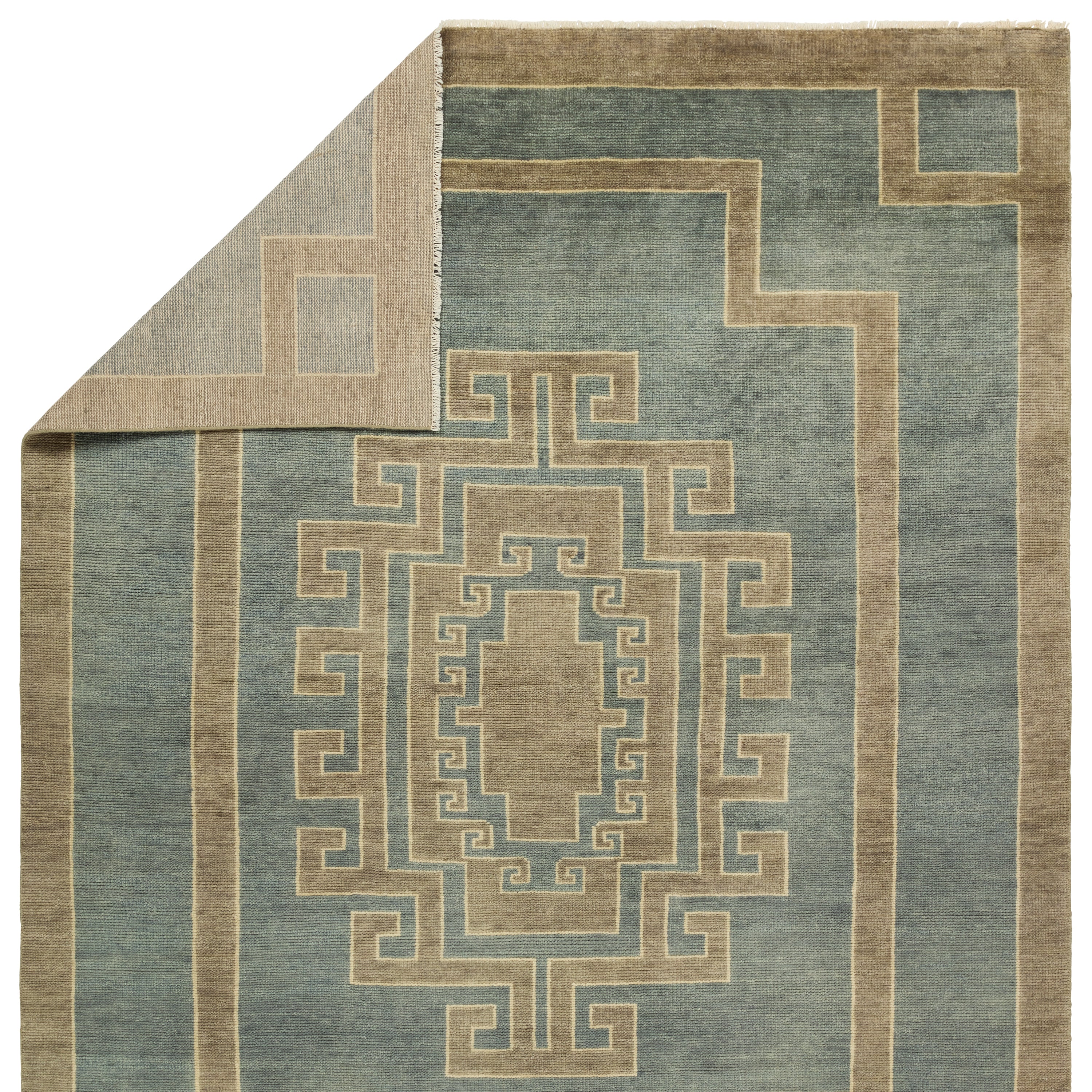 Featuring Cyprus Kyrenia Blue Hand-Knotted Rug by Jaipur Living at Amethyst Home. The hand-knotted Cyprus collection showcases a modern representation of vintage Kars designs with clean-lined geometric details and fresh colorways. The blue, sage, and cream Kyrenia design delights with an antique medallion pattern and a similarly styled border. Low pile and naturally stain res. Amethyst Home provides interior design, new construction, custom furniture, and area rugs in the Winter Garden metro area.