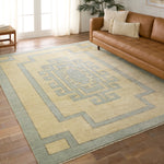 Featuring Cyprus Nicosia Asparagus Hand-Knotted Rug by Jaipur Living at Amethyst Home. The hand-knotted Cyprus collection showcases a modern representation of vintage Kars designs with clean-lined geometric details and fresh colorways. The blue, cream, gray, and caramel colored Nicosia design delights with a minimalistic medallion pattern and multiple borders. Low pile and natur. Amethyst Home provides interior design, new construction, custom furniture, and area rugs in the Scottsdale metro area.