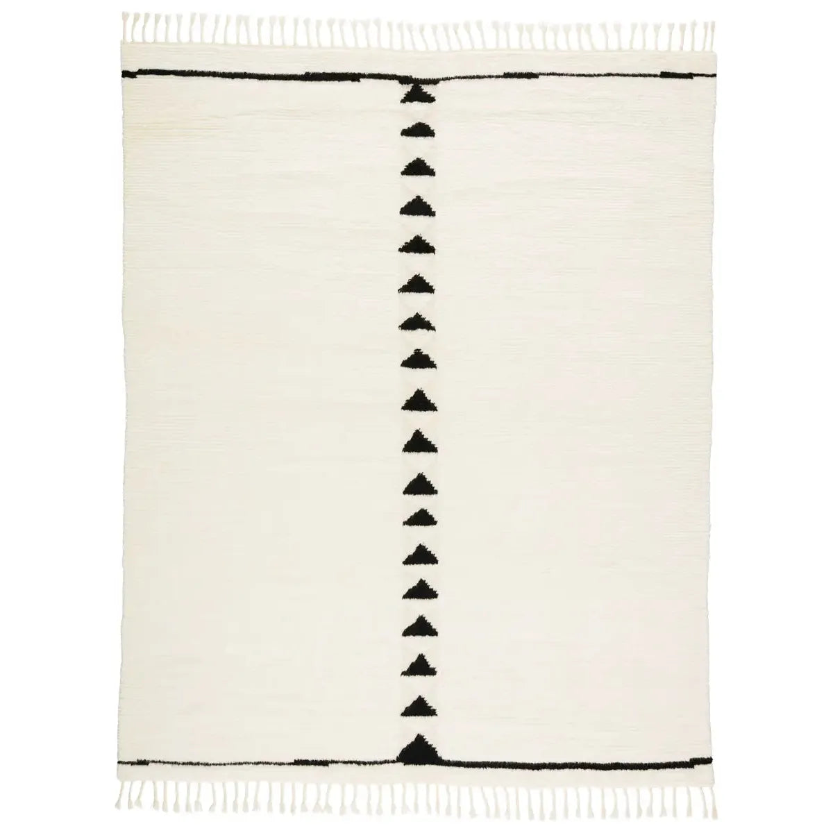 Featuring Desouk Vendace Rug by Jaipur Living at Amethyst Home. The Desouk collection melds modern allure with the global vibes of Morocco. The Vendace hand-knotted rug showcases a geometric linear pattern with contrasting black and cream tones. This handcrafted rug boasts plush, cut wool pile that pairs beautifully with braided tassel details. Perfect for adding warmth to cozy bedrooms and sit. Amethyst Home provides interior design services, furniture, rugs, and lighting in the Omaha metro area.