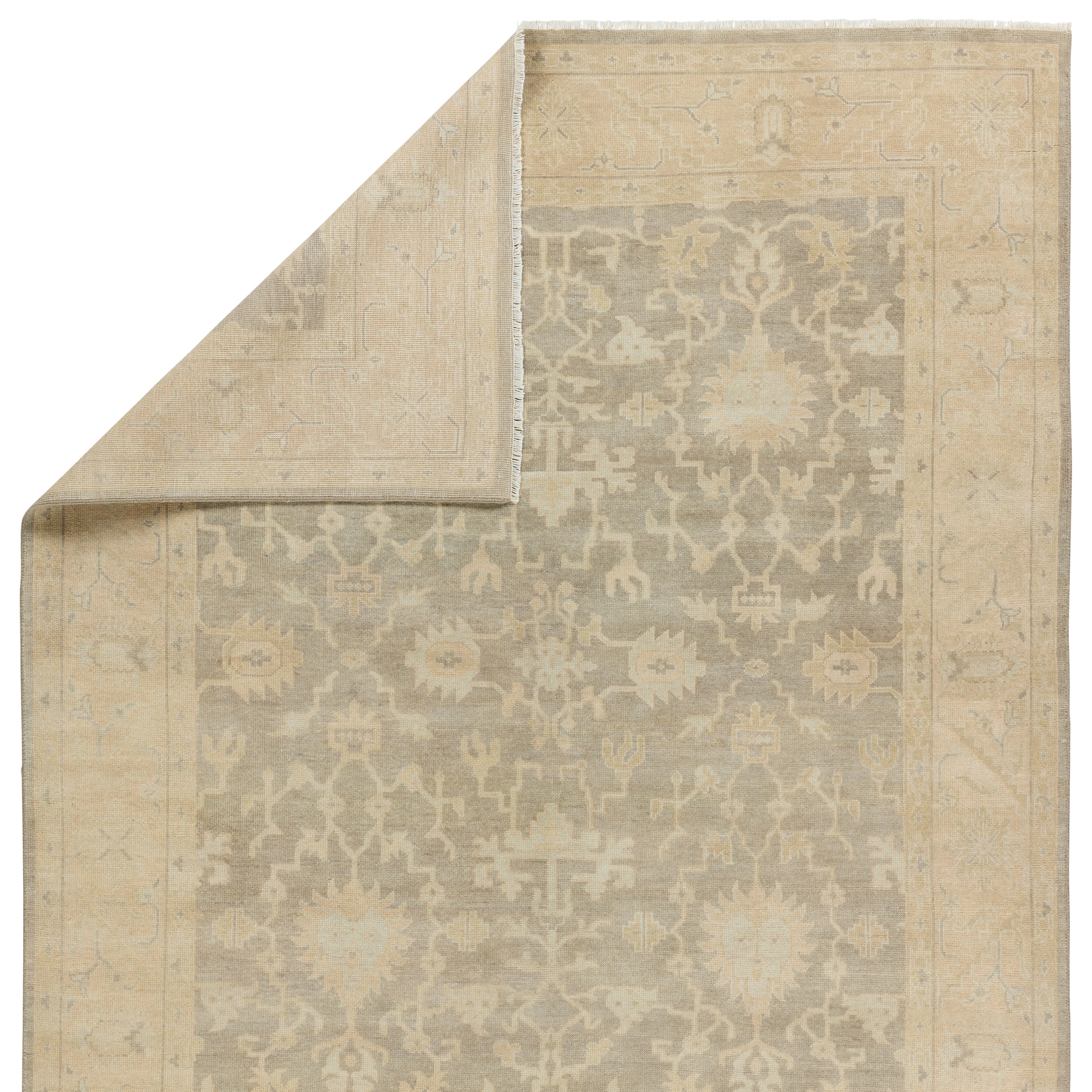 Featuring Eloquent Beige Verity Hand-Knotted Rug by Jaipur Living at Amethyst Home. The Eloquent collection emanates traditional elegance, lending a soft and serene look to transitional homes. The Verity area rug features a faded Oushak design in muted beige, light gray, and tan tones. This hand-knotted wool and viscose rug grounds living spaces with a classic, earthy look. Craft. Amethyst Home provides interior design, new construction, custom furniture, and area rugs in the Calabasas metro area.