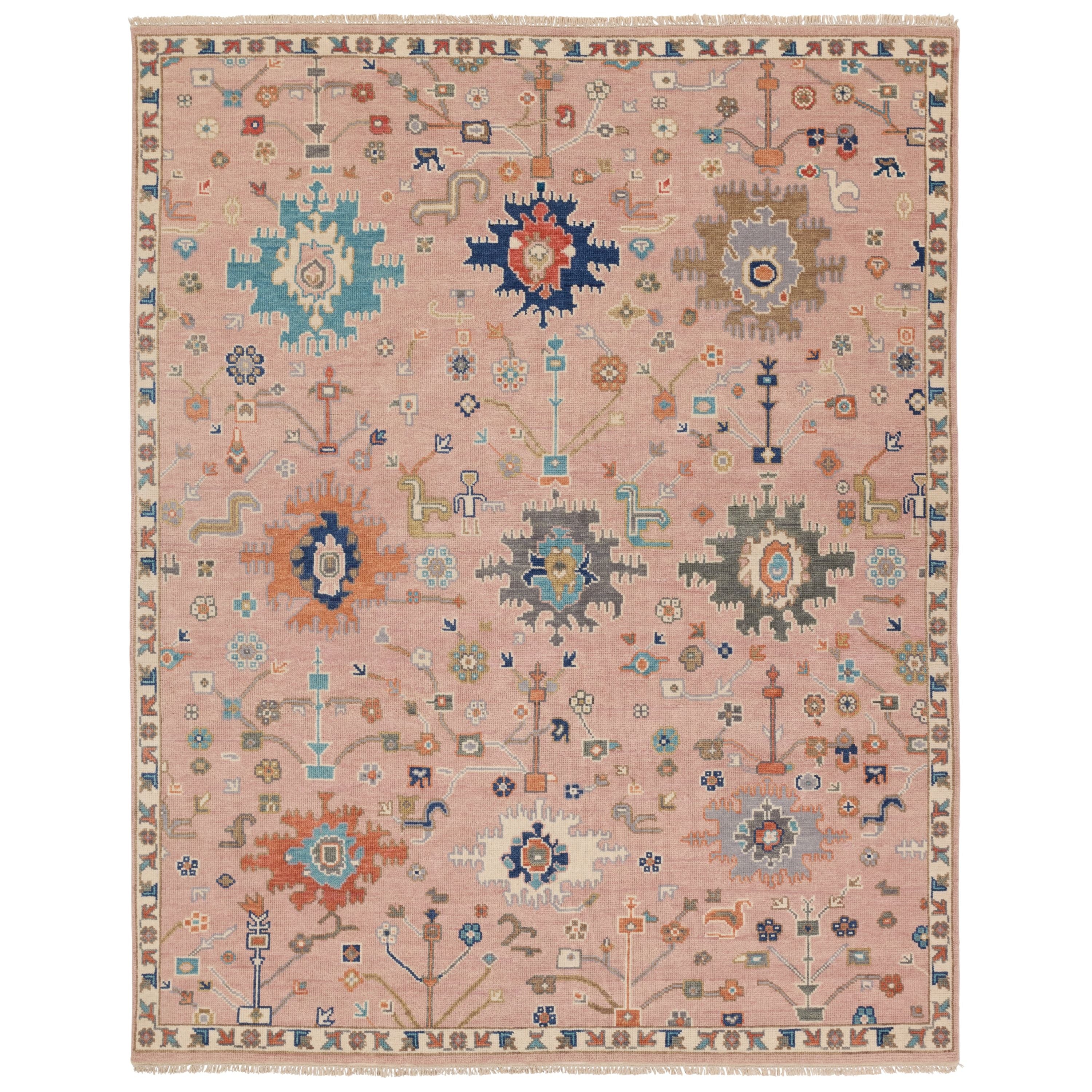 Featuring Everly Matera Hand-Knotted Rug by Jaipur Living at Amethyst Home. The updated traditional Everly collection features Oushak-inspired designs in whimsical color palettes. The Matera design features a sweet colorway of pink, yellow, navy, cream, peach, and taupe. This hand-knotted wool rug anchors living spaces with a fresh take on vintage style. The low, easy-care pile. Amethyst Home provides interior design, new construction, custom furniture, and area rugs in the Los Angeles metro area.