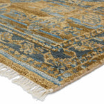 Featuring Jinsen Fontane Hand-Knotted Rug by Jaipur Living at Amethyst Home. The hand-knotted Jinsen Fontane features a fresh incarnation of the vintage Turkish textile look. Classic in pattern and modern in color, the Fontane rug boasts a beautiful palette of tan, blue, gold, and brown, featuring distinct dye-lot details and subtle fringe. This artisan-cr. Amethyst Home provides interior design, new home construction design consulting, vintage area rugs, and lighting in the Alpharetta metro area.