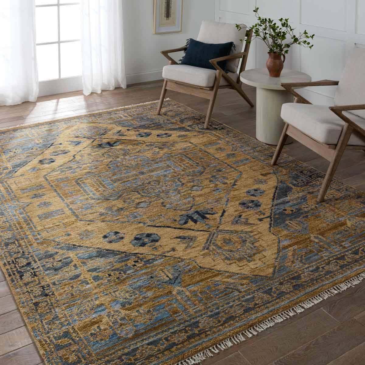 Featuring Jinsen Fontane Hand-Knotted Rug by Jaipur Living at Amethyst Home. The hand-knotted Jinsen Fontane features a fresh incarnation of the vintage Turkish textile look. Classic in pattern and modern in color, the Fontane rug boasts a beautiful palette of tan, blue, gold, and brown, featuring distinct dye-lot details and subtle fringe. This artisan-. Amethyst Home provides interior design, new home construction design consulting, vintage area rugs, and lighting in the Laguna Beach metro area.