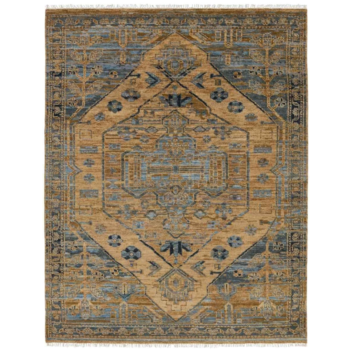 Featuring Jinsen Fontane Hand-Knotted Rug by Jaipur Living at Amethyst Home. The hand-knotted Jinsen Fontane features a fresh incarnation of the vintage Turkish textile look. Classic in pattern and modern in color, the Fontane rug boasts a beautiful palette of tan, blue, gold, and brown, featuring distinct dye-lot details and subtle fringe. This artisan-crafted. Amethyst Home provides interior design, new home construction design consulting, vintage area rugs, and lighting in the Omaha metro area.