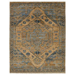 Featuring Jinsen Fontane Hand-Knotted Rug by Jaipur Living at Amethyst Home. The hand-knotted Jinsen Fontane features a fresh incarnation of the vintage Turkish textile look. Classic in pattern and modern in color, the Fontane rug boasts a beautiful palette of tan, blue, gold, and brown, featuring distinct dye-lot details and subtle fringe. This artisan-crafted. Amethyst Home provides interior design, new home construction design consulting, vintage area rugs, and lighting in the Omaha metro area.