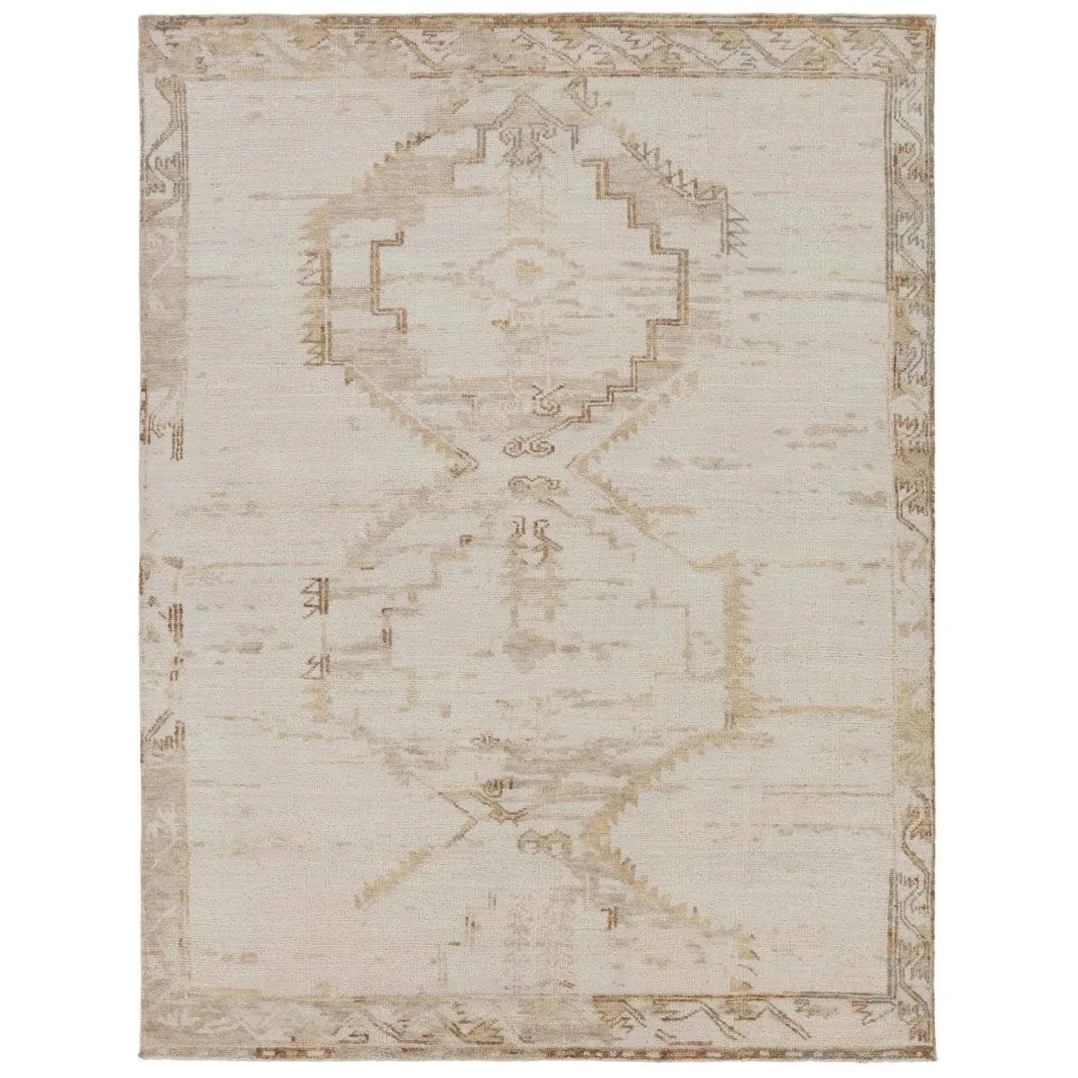 Featuring Jinsen Alamo Rug by Jaipur Living at Amethyst Home. The hand-knotted Jinsen collection features a fresh incarnation of the vintage Turkish textile look. Classic in pattern and modern in color, the Alamo rug boasts a beautiful palette of cream, beige, gold, and brown, featuring distinct dye-lot details and subtle fringe. This artisan-crafted medall. Amethyst Home provides interior design, new home construction design consulting, vintage area rugs, and lighting in the Charlotte metro area.