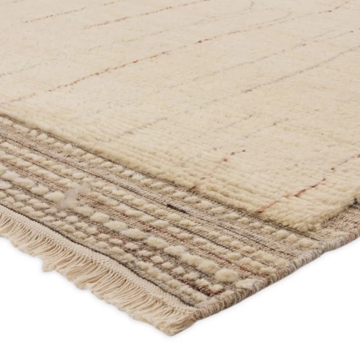 Featuring Kazben Atalaya Hand-Knotted Rug by Jaipur Living at Amethyst Home. Full of texture, the handknotted Kazben Atalaya stuns with modern Moroccan patterns in natural hues. The Atalaya design delights with a gray and brown abstract-linear pattern on a cream base. A dotted border adds the finishing touches to this elevated accent piece. Low, ribbed . Amethyst Home provides interior design, new home construction design consulting, vintage area rugs, and lighting in the Winter Garden metro area.