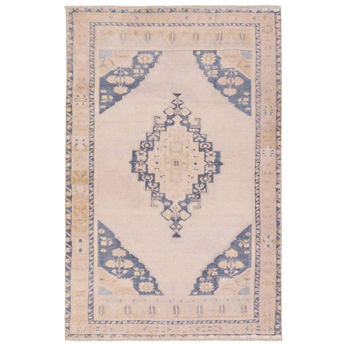 Featuring Lumal Debolo Rug by Jaipur Living at Amethyst Home. Distressed, vintage designs offer an elevated tone for the Lumal Collection. The Debolo rug features a vintage-inspired medallion, geometric border, and floral detailing in tones of tan, blue, yellow, and gray. This machine washable rug is stain resistant and easy to clean, perfect for homes wit. Amethyst Home provides interior design, new home construction design consulting, vintage area rugs, and lighting in the Alpharetta metro area.