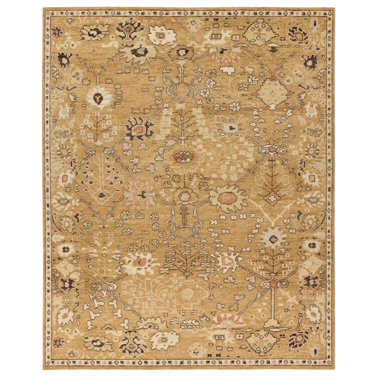 Featuring Neveah Matrona Hand-Knotted Rug by Jaipur Living at Amethyst Home. The intricately hand-knotted Neveah collection showcases traditional patterns with updated colorways to create artful accent pieces for any modern home. The Matrona design features a Persian-inspired design including scrolling flowers and a floral border. Regal yet earthy hues of gold. Amethyst Home provides interior design, new home construction design consulting, vintage area rugs, and lighting in the Boston metro area.