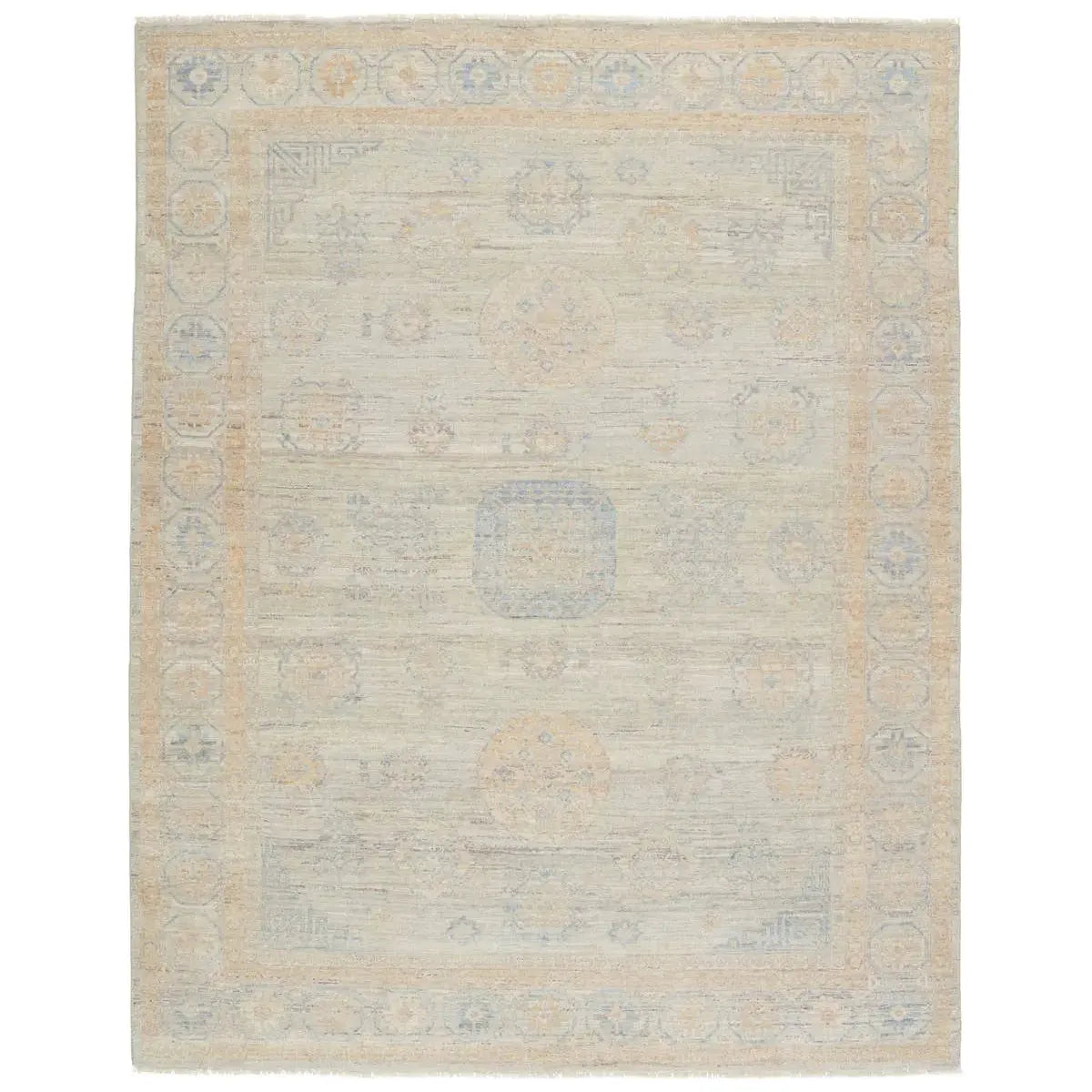 Featuring Orenda Cerelia Hand-Knotted Rug by Jaipur Living at Amethyst Home. The Orenda collection features heirloom-quality designs of muted and uniquely updated Old World patterns. The Cerelia area rug boasts a beautifully washed medallion motif with ornate and fine-lined details. The light taupe tone is accented with cool blue, warm beige, and light gray hues for added depth and intrig. Amethyst Home provides interior design services, furniture, rugs, and lighting in the Kansas City metro area.