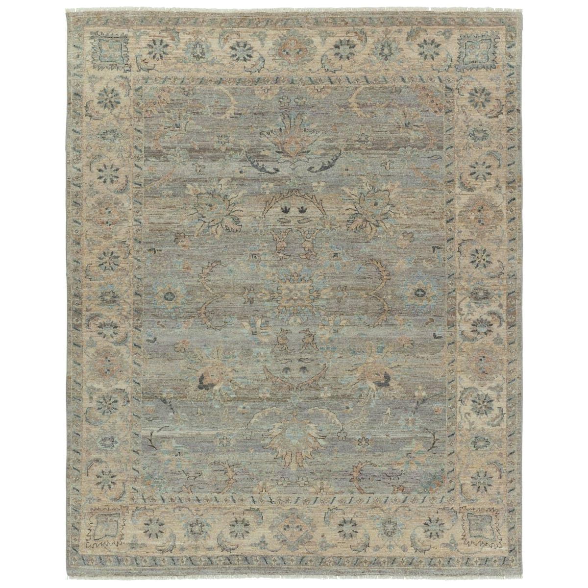 Featuring Orenda Titania Hand-Knotted Rug by Jaipur Living at Amethyst Home. The Orenda Titania features heirloom-quality designs of muted and uniquely updated Old World patterns. The Titania area rug boasts a beautiful medallion motif with floral details. The tan, blue, taupe, gray, and cream tones are grounding and neutral, perfect for providing an inviti. Amethyst Home provides interior design, new home construction design consulting, vintage area rugs, and lighting in the Nashville metro area.