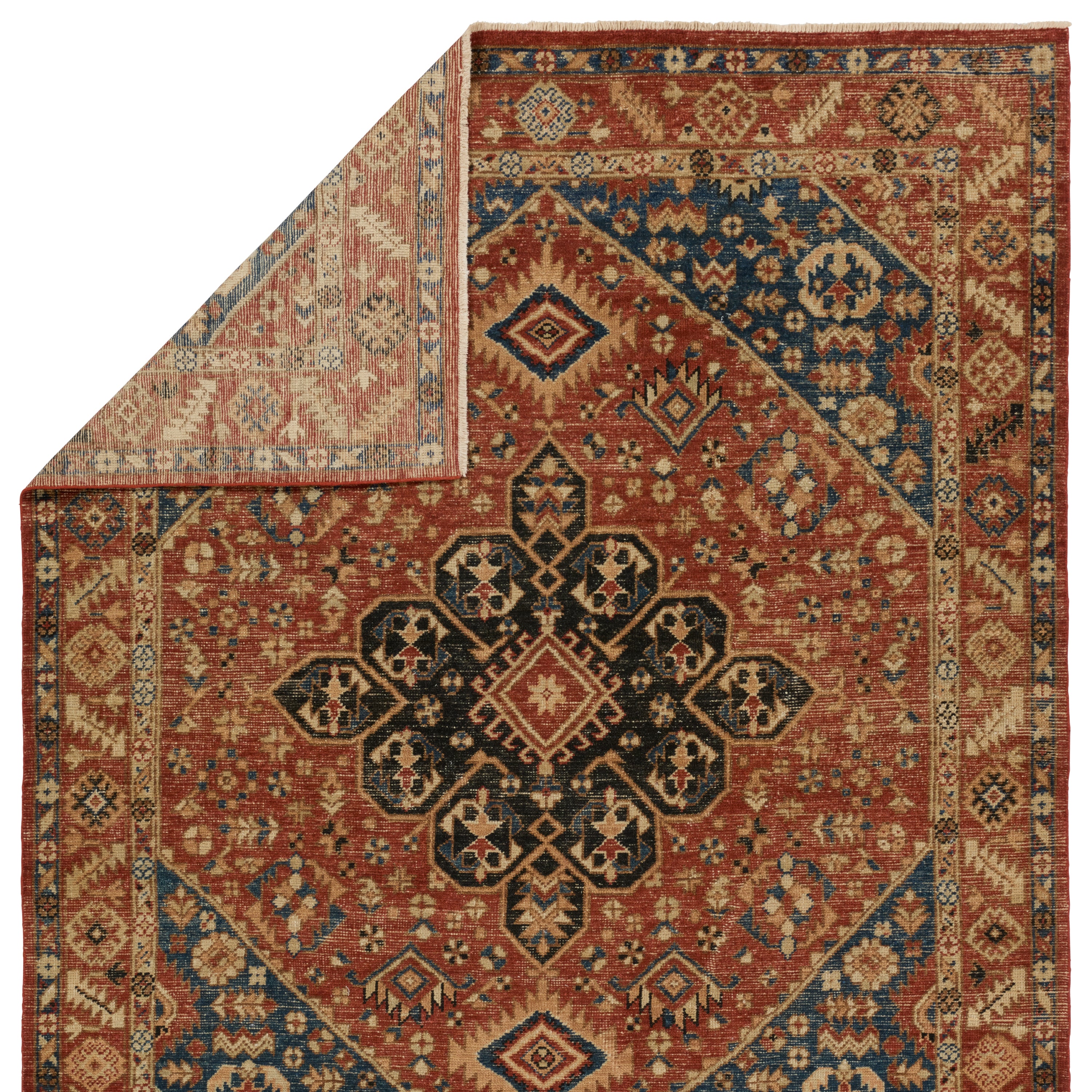 Featuring Rhapsody Lucius Hand-Knotted Rug by Jaipur Living at Amethyst Home. The Rhapsody collection features heirloom-quality designs of stunningly abrashed Old World patterns. The Lucius area rug boasts a beautifully washed center-medallion with a decorative border. The red tones are accented with blue, black, cream, orange, and brown hues for added depth and intrigue. Thi. Amethyst Home provides interior design, new construction, custom furniture, and area rugs in the Winter Garden metro area.