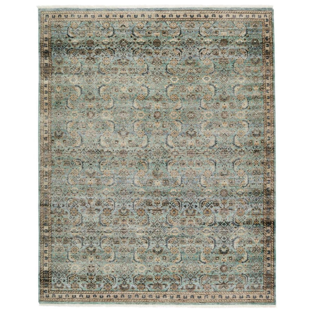 Featuring Someplace In Time Chantay Hand-Knotted Rug by Jaipur Living at Amethyst Home. Whimsical colorways combine with the opulent detail of a traditional-inspired pattern; the Someplace in Time Chantay represents nostalgia and progression, heritage and the contemporary. The Chantay rug's cool blue, green, golden tan, and black details ground spaces with luxe. Amethyst Home provides interior design, new home construction design consulting, vintage area rugs, and lighting in the Miami metro area.