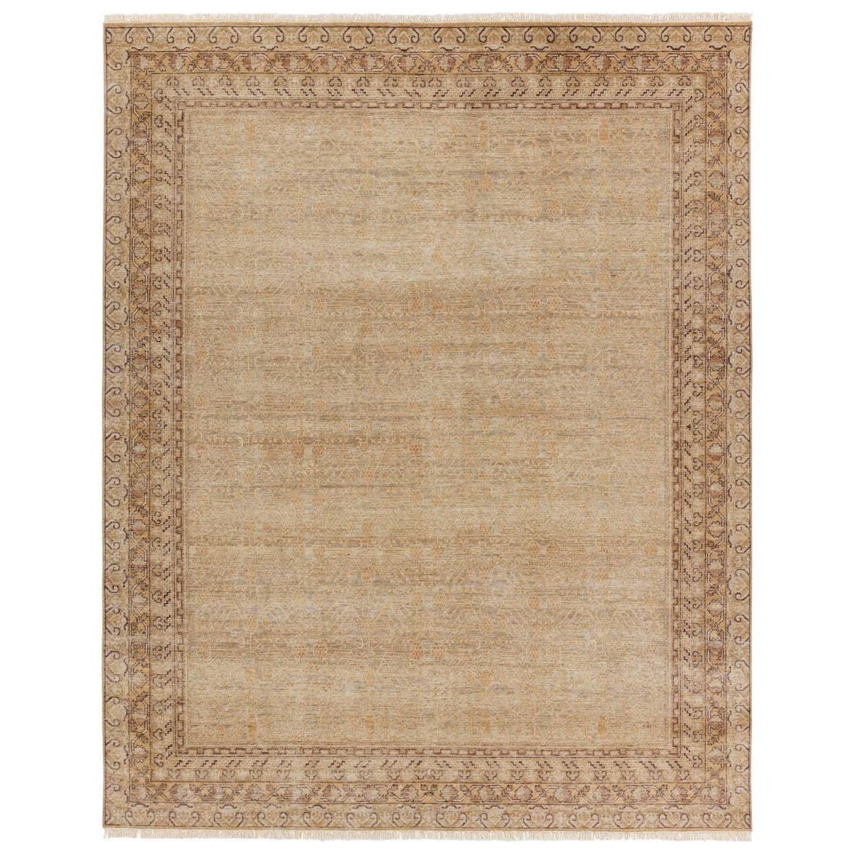 Featuring Serenity Hand-Knotted Rug by Jaipur Living at Amethyst Home. Whimsical colorways combine with the opulent detail of a traditional-inspired pattern?the Serenity represents nostalgia and progression, heritage and the contemporary. The Serenity rug features a heavily distressed trellis and intricate border design with a gold, brown, and beige colorway . Amethyst Home provides interior design, new home construction design consulting, vintage area rugs, and lighting in the Seattle metro area.