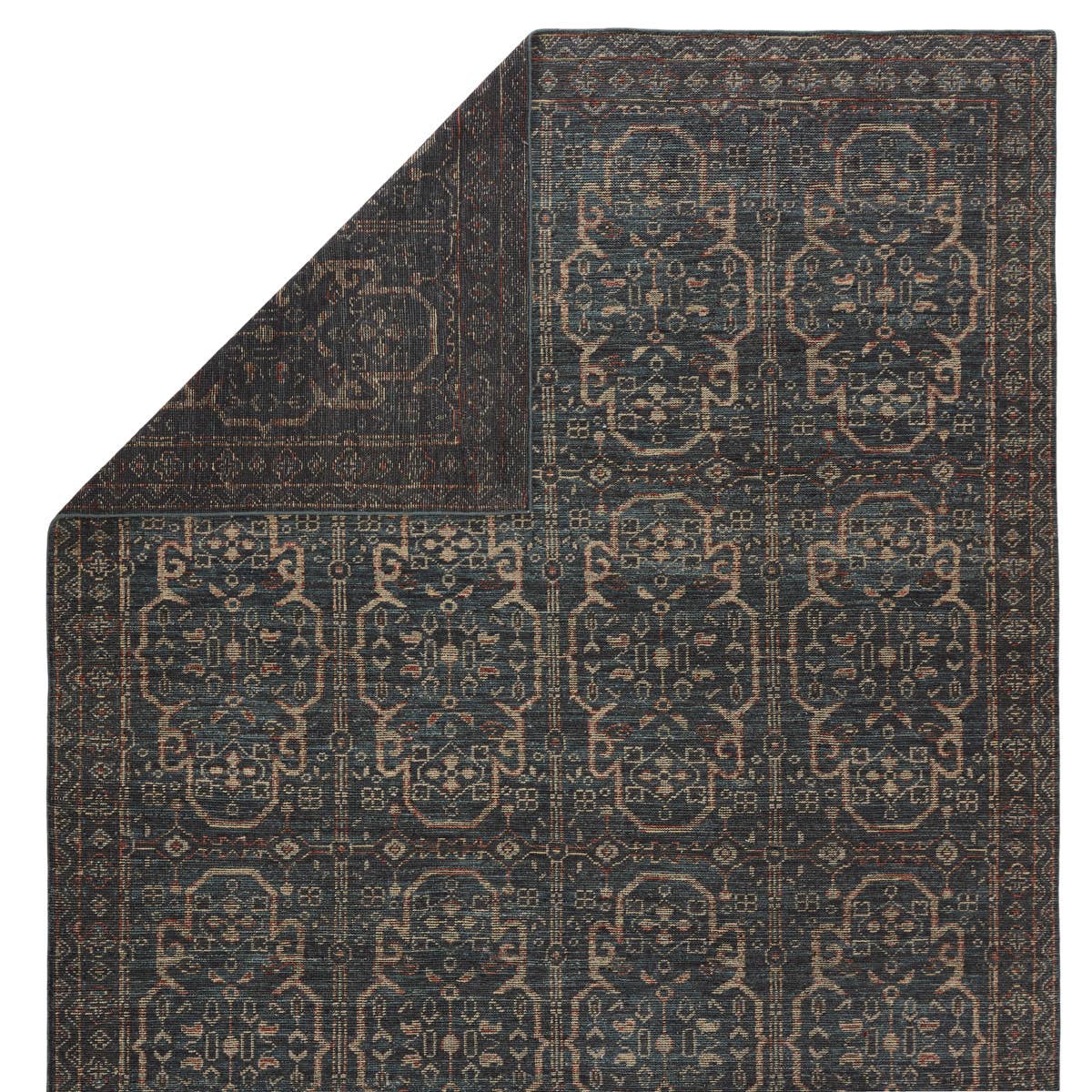 Featuring Rhapsody Reynir Hand-Knotted Rug by Jaipur Living at Amethyst Home. The Rhapsody Reynir Area Rug features heirloom-quality designs of stunningly abrashed Old World patterns.  The Reynir area rug boasts a beautifully washed tile-like motif with a decorative border detail. The deep blue palette is accented with red and cream hues for added depth a.  Amethyst Home provides interior design, new home construction design consulting, vintage area rugs, and lighting in the Alpharetta metro area.