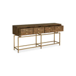 Best describe as a show stopper, the Annecy console table features an art-deco inspired aesthetic with a rustic twist. Made from reclaimed fir wood, it will withstand major wear and tear. Four deep drawers that seem to float above the brass finished frame makes it practical to keep essentials handy and airy at your entry way Amethyst Home provides interior design, new home construction design consulting, vintage area rugs, and lighting in the Houston metro area.