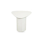 The Eden accent table features a rounded triangular shape and oval pedestal base, creating a sculptural silhouette that exudes modern sophistication. An ivory white and black high gloss finishes this table's surface, reflecting light, brightening and opening up any space Amethyst Home provides interior design, new home construction design consulting, vintage area rugs, and lighting in the Austin metro area.