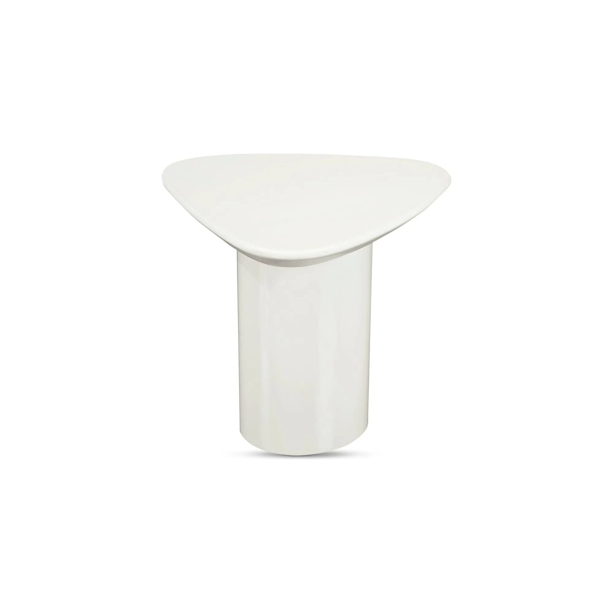 The Eden accent table features a rounded triangular shape and oval pedestal base, creating a sculptural silhouette that exudes modern sophistication. An ivory white and black high gloss finishes this table's surface, reflecting light, brightening and opening up any space Amethyst Home provides interior design, new home construction design consulting, vintage area rugs, and lighting in the Austin metro area.