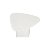 The Eden accent table features a rounded triangular shape and oval pedestal base, creating a sculptural silhouette that exudes modern sophistication. An ivory white and black high gloss finishes this table's surface, reflecting light, brightening and opening up any space Amethyst Home provides interior design, new home construction design consulting, vintage area rugs, and lighting in the Los Angeles metro area.