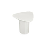 The Eden accent table features a rounded triangular shape and oval pedestal base, creating a sculptural silhouette that exudes modern sophistication. An ivory white and black high gloss finishes this table's surface, reflecting light, brightening and opening up any space Amethyst Home provides interior design, new home construction design consulting, vintage area rugs, and lighting in the Miami metro area.