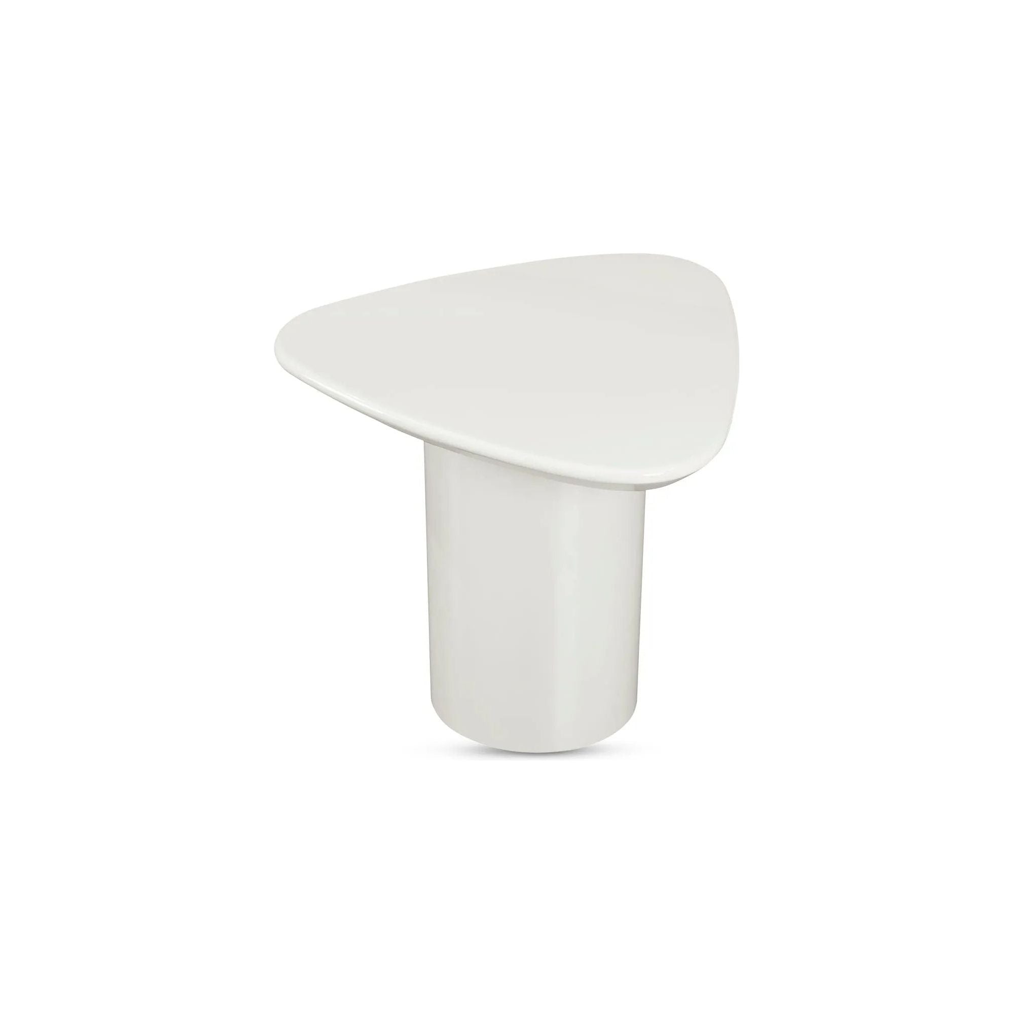 The Eden accent table features a rounded triangular shape and oval pedestal base, creating a sculptural silhouette that exudes modern sophistication. An ivory white and black high gloss finishes this table's surface, reflecting light, brightening and opening up any space Amethyst Home provides interior design, new home construction design consulting, vintage area rugs, and lighting in the Miami metro area.