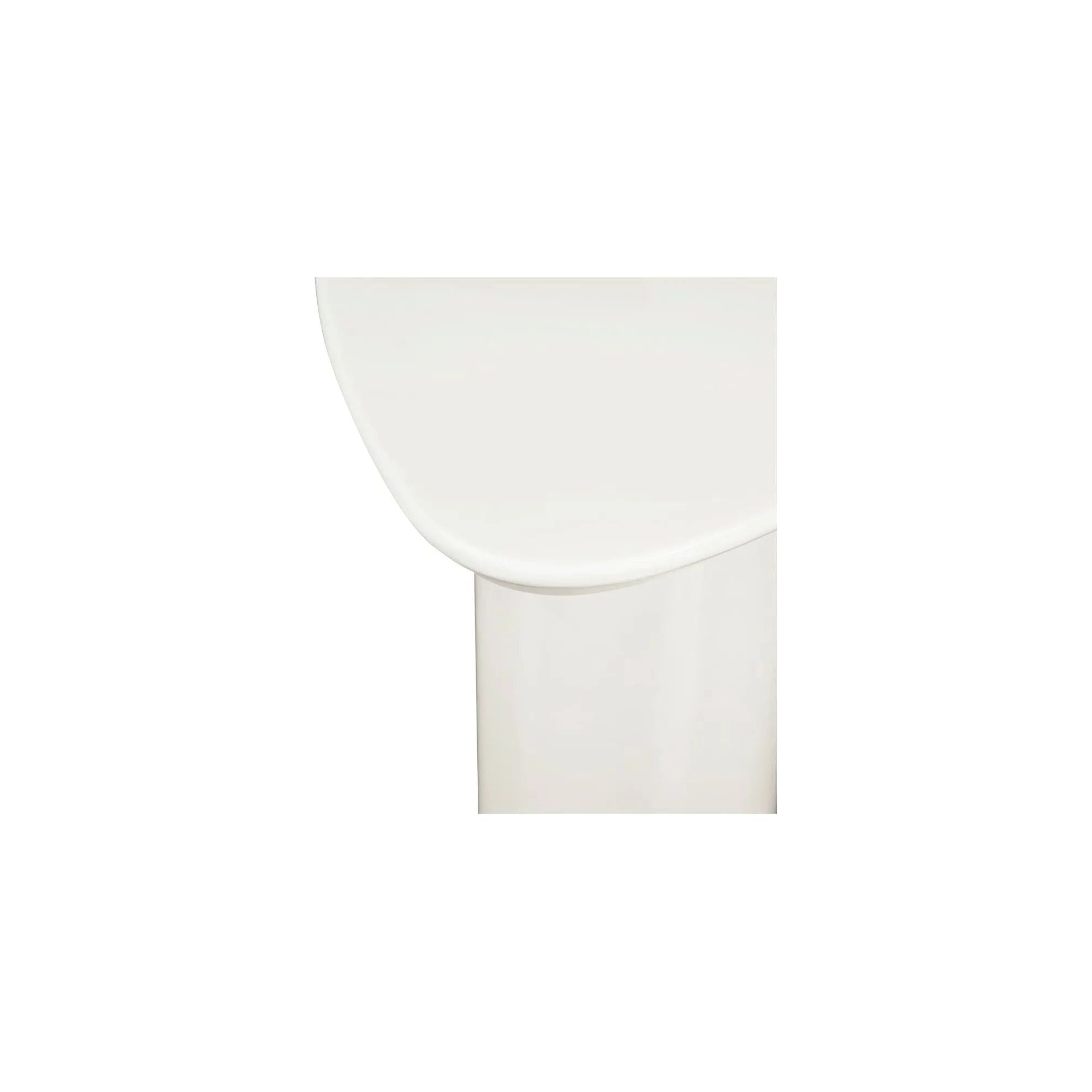 The Eden accent table features a rounded triangular shape and oval pedestal base, creating a sculptural silhouette that exudes modern sophistication. An ivory white and black high gloss finishes this table's surface, reflecting light, brightening and opening up any space Amethyst Home provides interior design, new home construction design consulting, vintage area rugs, and lighting in the Newport Beach metro area.