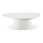 The Eden coffee table features a rounded triangular shape and oval pedestal base, creating a scultural silhouette that exudes modern sophistication. An ivory white and black high gloss finishes this coffee table's surface, reflecting light, brightening and opening up any space Amethyst Home provides interior design, new home construction design consulting, vintage area rugs, and lighting in the Dallas metro area.