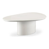 The Eden coffee table features a rounded triangular shape and oval pedestal base, creating a scultural silhouette that exudes modern sophistication. An ivory white and black high gloss finishes this coffee table's surface, reflecting light, brightening and opening up any space Amethyst Home provides interior design, new home construction design consulting, vintage area rugs, and lighting in the Houston metro area.