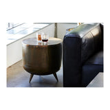 A unique accent table that is bound to make an impact on your Décor. With tones of gold and copper, this drum-style table provides an eclectic, designer look. Crafted in aluminum with a rustic finish Amethyst Home provides interior design, new home construction design consulting, vintage area rugs, and lighting in the Houston metro area.