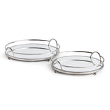 These round mirrored trays are an unexpected combination of antique silver and glass. A classic look with a modern twist. Amethyst Home provides interior design, new construction, custom furniture, and area rugs in the Scottsdale metro area.