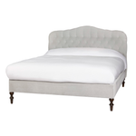 Featuring O'Hara Upholstered Bed by Cisco Brothers at Amethyst Home. Heavy on the elegance with an east-coast vibe! This camelback, button-tufted bed in a light textural grey also features turned legs and upholstered side rails for added interest. 
Queen Dimensions: 67"w x 60"h x 89"dSide Rails: 18"Slat Height: 11.25"Footboard: 18"Mattress Space: 62"w x 8.  Amethyst Home provides interior design, new home construction design consulting, vintage area rugs, and lighting in the Des Moines metro area.