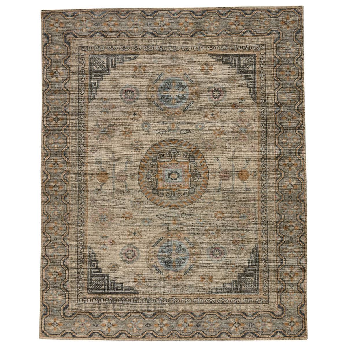 Featuring Rhapsody Delpha Hand-Knotted Rug by Jaipur Living at Amethyst Home. The Rhapsody Delpha Area Rug features heirloom-quality designs of stunningly abrashed Old World patterns. The Delpha area rug boasts a beautifully washed medallion motif with a tile-like, decorative border detail. The light ivory tone is accented with rich green-blue, ochre, an.  Amethyst Home provides interior design, new home construction design consulting, vintage area rugs, and lighting in the Kansas City metro area.