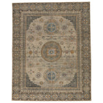 Featuring Rhapsody Delpha Hand-Knotted Rug by Jaipur Living at Amethyst Home. The Rhapsody Delpha Area Rug features heirloom-quality designs of stunningly abrashed Old World patterns. The Delpha area rug boasts a beautifully washed medallion motif with a tile-like, decorative border detail. The light ivory tone is accented with rich green-blue, ochre, an.  Amethyst Home provides interior design, new home construction design consulting, vintage area rugs, and lighting in the Kansas City metro area.