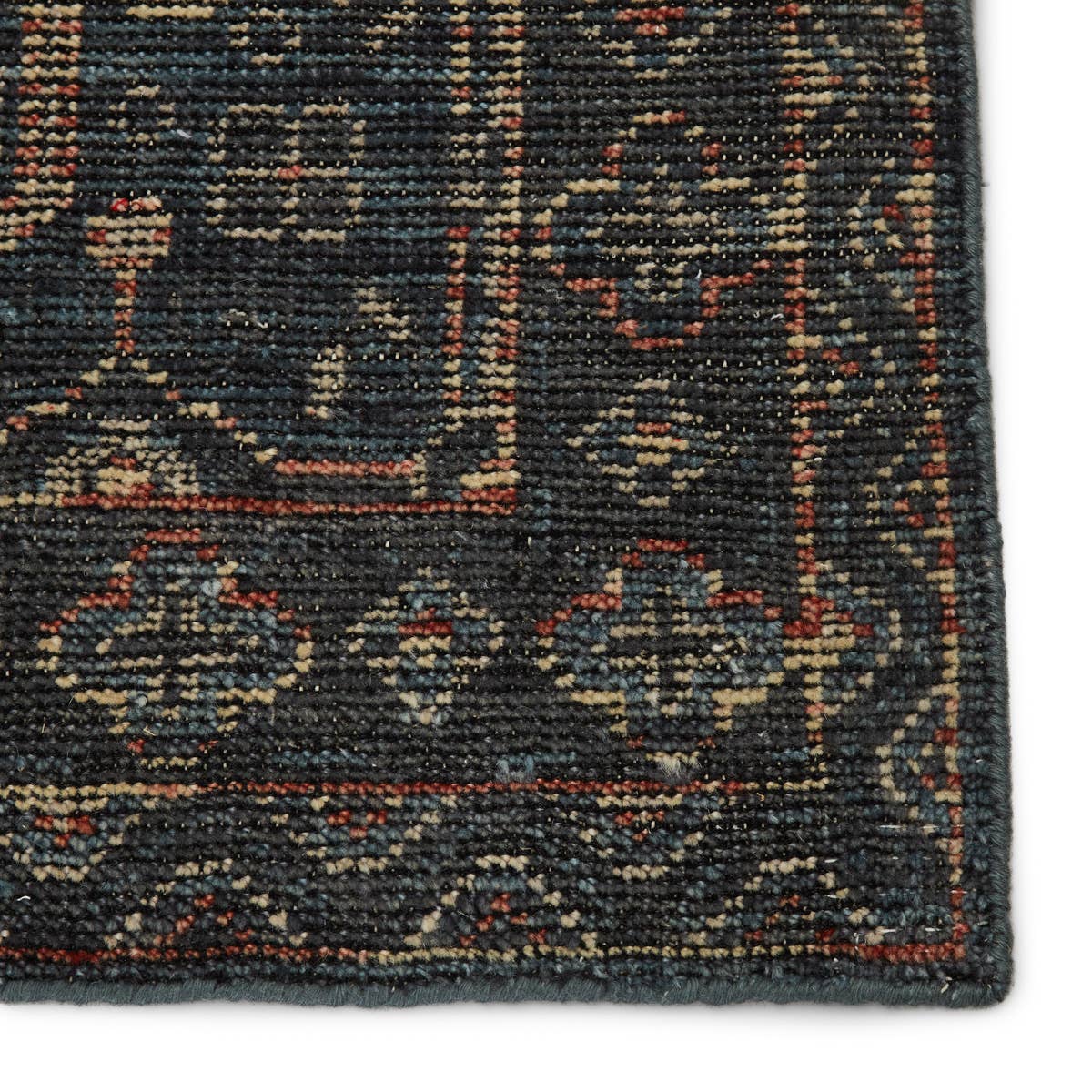 Featuring Rhapsody Reynir Hand-Knotted Rug by Jaipur Living at Amethyst Home. The Rhapsody Reynir Area Rug features heirloom-quality designs of stunningly abrashed Old World patterns.  The Reynir area rug boasts a beautifully washed tile-like motif with a decorative border detail. The deep blue palette is accented with red and cream hues for added depth and in.  Amethyst Home provides interior design, new home construction design consulting, vintage area rugs, and lighting in the Miami metro area.