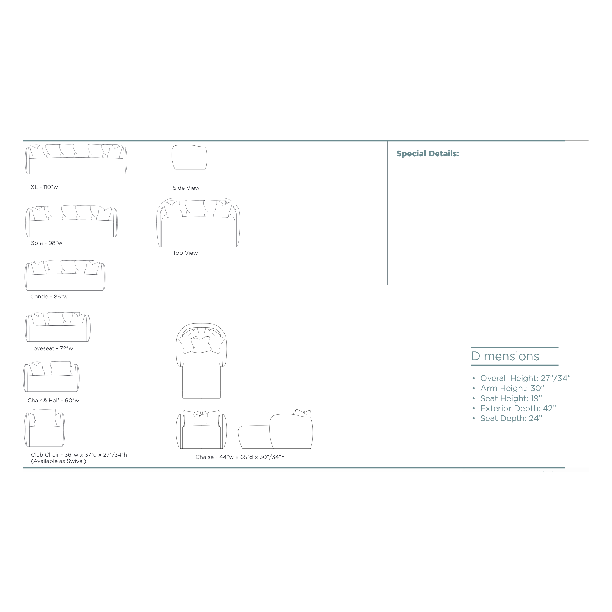 The Milo Sofa is a modern masterpiece from Verellen. It comes standard with:  Spring down Tight seat and back Multi-back pillow configuration Notch bottom toss pillows Double needle stitch detail Upholstered On glides