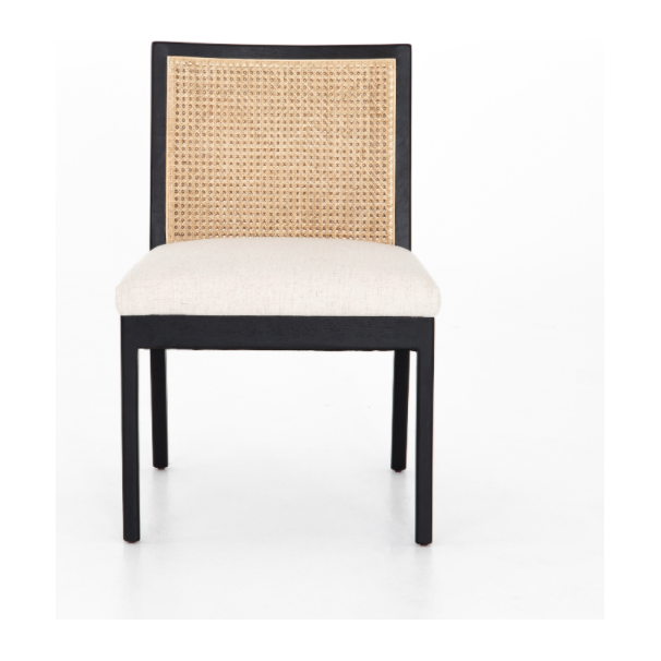 Featuring Antonia Cane Brushed Ebony Armless Dining Chair by Four Hands at Amethyst Home. We love the retro style the natural cane of this Antonia Cane Brushed Ebony Armless Dining Chair brings to a dining room. 
Overall Dimensions: 22.25"W x 23.50"L x 33"HColors: Light Natural Cane, Brushed Ebony, Savile FlaxMaterials: Cane, Solid Nettlewood, 92% Pl, 8% L.  Amethyst Home provides interior design, new home construction design consulting, vintage area rugs, and lighting in the San Diego metro area.