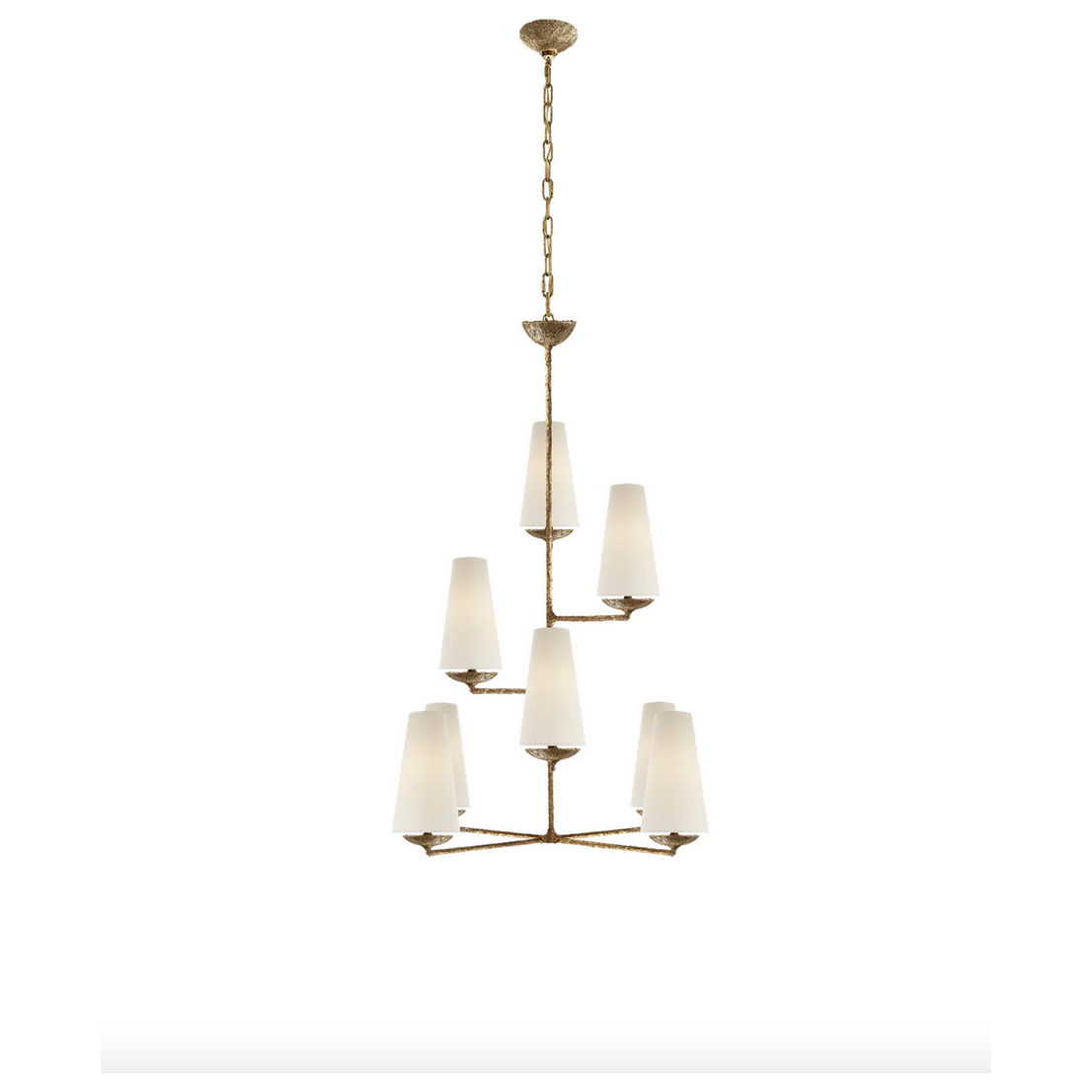 Featuring Fontaine Vertical Chandelier by Visual Comfort at Amethyst Home. We love the textured look of the Fontaine Vertical Chandelier by Visual Comfort. The layered linen shades brings a classy, warm look to any living room, dining room, or other large area. 
Overall Dimensions: 34.25" L x 34.25" W x 45.25" H
Weight: 23 lbs.  Amethyst Home provides interior design, new home construction design consulting, vintage area rugs, and lighting in the Des Moines metro area.