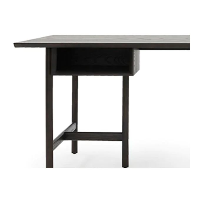 A beautiful, fumed black desk made by Verellen. The Isola Desk is made from gorgeous ash wood with stylish open storage. The desk adds sophistication and a minimal approach to work and play. Made entirely from solid wood -- no veneer needed. Amethyst Home provides interior design, new home construction design consulting, vintage area rugs, and lighting in the Houston metro area.