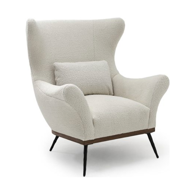 A timeless Verellen classic -- the Paola chair is the perfect hug. Upholstered in a poodle like fabric with walnut base and hand-hammered iron legs, its sophistication and uniqueness makes it unforgettable.  • Overall Width: 42” • Overall Depth: 36.5” • Overall Height: 46” • Seat Height: 21” • Arm Height: 27.5” • Seat Depth: 16” • Inside Seat Depth: 23.5”
