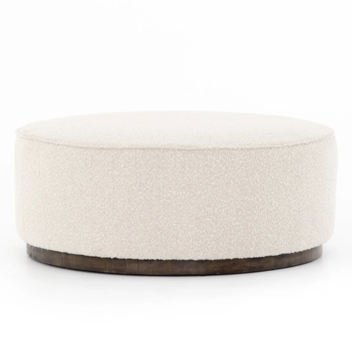 Featuring Sinclair Large Round Ottoman - Knoll Natural by Four Hands at Amethyst Home. This firm round ottoman of textural cream boucle makes a great coffee table or closet bench!
Overall Dimensions: 36"W x 36"L x 14.5"H
Colors: Distressed Natural, Knoll NaturalMaterials: Solid Parawood, 95% Pl, 5% PcFabric: PerformanceWeight: 26.46 lbVolume: 14.02 cu ft.  Amethyst Home provides interior design, new home construction design consulting, vintage area rugs, and lighting in the Dallas metro area.