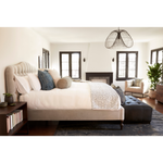 Featuring O'Hara Upholstered Bed by Cisco Brothers at Amethyst Home. Heavy on the elegance with an east-coast vibe! This camelback, button-tufted bed in a light textural grey also features turned legs and upholstered side rails for added interest. 
Queen Dimensions: 67"w x 60"h x 89"dSide Rails: 18"Slat Height: 11.25"Footboard: 18"Mattress Space: 62"w x 81.  Amethyst Home provides interior design, new home construction design consulting, vintage area rugs, and lighting in the Calabasas metro area.