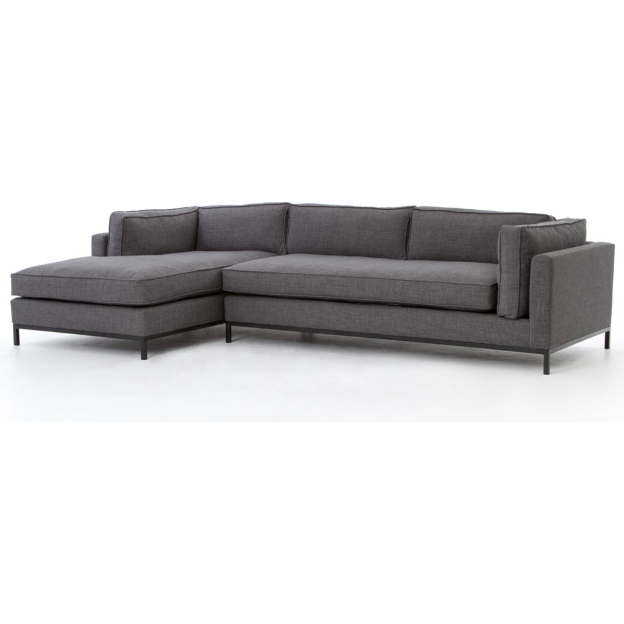 Featuring Grammercy 2-Piece Chaise Sectional - Bennett Charcoal by Four Hands at Amethyst Home. Flexible style, luxurious comfort and family-friendly upholstery. Clean, simple lines and a black iron base keep things casual and chic.
This fashion-forward upholstered collection mixes elegant fabrics with interesting design elements Each piece features North Ame.  Amethyst Home provides interior design, new home construction design consulting, vintage area rugs, and lighting in the Dallas metro area.