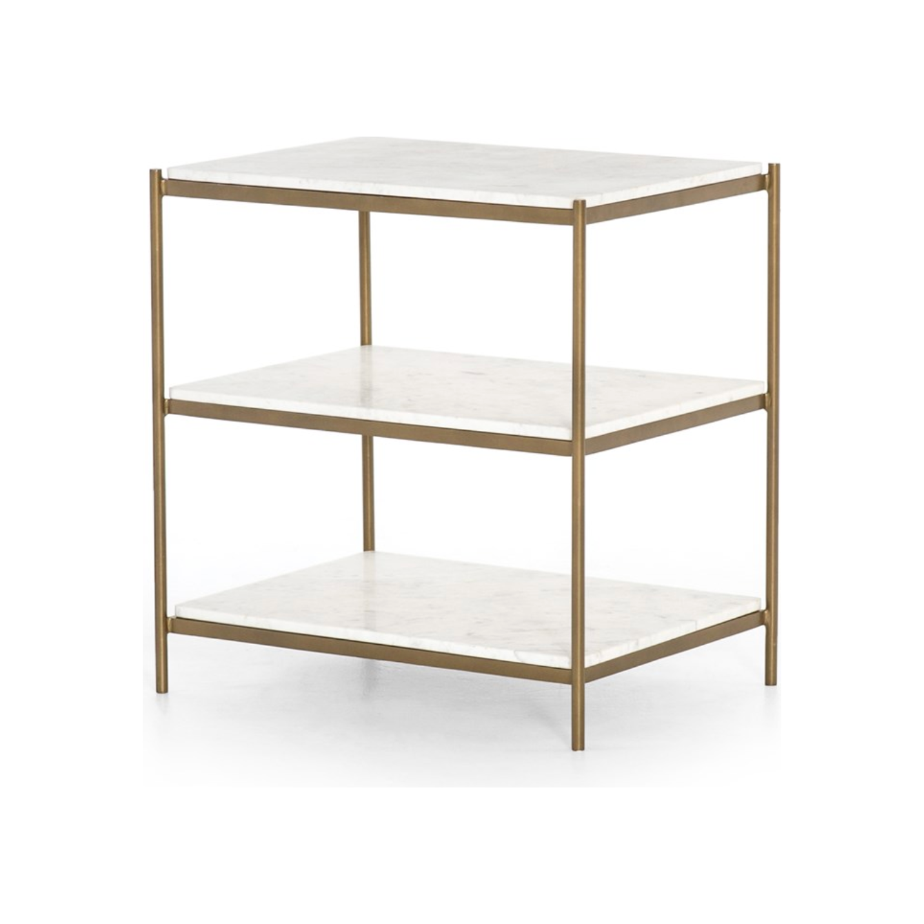 Featuring Felix Nightstand - Antique Brass by Four Hands at Amethyst Home. Add a pop of sophistication to any space. Classic white marble lays three tiers of smooth shelving for plenty of space, while antique brass-finished iron framing places a feminine spin on bedside storage.
Overall Dimensions: 25"W x 18"L x 26"H
Colors: Antique Brass, Polished White Marbl.  Amethyst Home provides interior design, new home construction design consulting, vintage area rugs, and lighting in the Omaha metro area.
