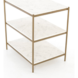 Featuring Felix Nightstand - Antique Brass by Four Hands at Amethyst Home. Add a pop of sophistication to any space. Classic white marble lays three tiers of smooth shelving for plenty of space, while antique brass-finished iron framing places a feminine spin on bedside storage.
Overall Dimensions: 25"W x 18"L x 26"H
Colors: Antique Brass, Polished White Marb.  Amethyst Home provides interior design, new home construction design consulting, vintage area rugs, and lighting in the Dallas metro area.