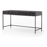 Featuring Trey Modular Writing Desk - Black Wash Poplar by Four Hands at Amethyst Home. The Trey Black Wash Poplar Modular Writing Desk sleek and simple, black-finished poplar offers plenty of desk storage by way of three spacious drawers. Metal-secured pulls of top-grain leather add a textural element of surprise. Great solo or paired with matching corner.  Amethyst Home provides interior design, new home construction design consulting, vintage area rugs, and lighting in the San Diego metro area.